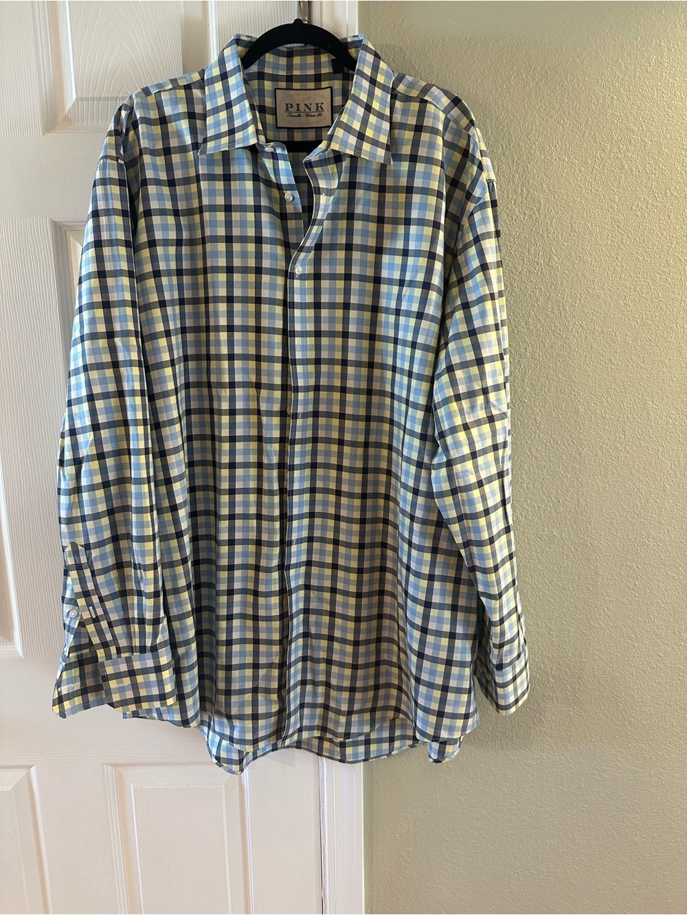 Thomas Pink Blue, Yellow & White Plaid Casual Button-Down Shirt
